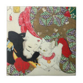 Japans meisje met Cat, Tsukioka Yoshitoshi Tegeltje (Voorkant)