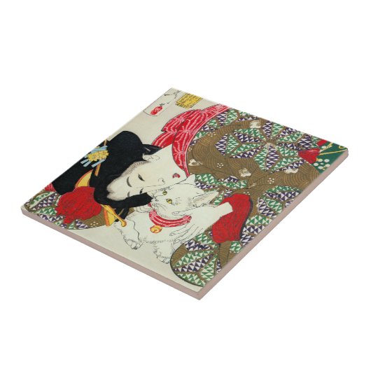 Japans meisje met Cat, Tsukioka Yoshitoshi Tegeltje (Zijkant)