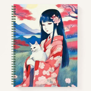 Japans meisje met een witte kat dagboek notitieboek