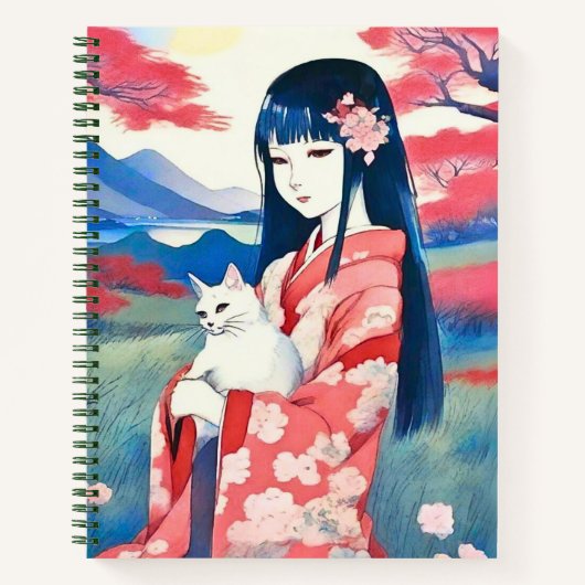 Japans meisje met een witte kat dagboek notitieboek (Voorkant)