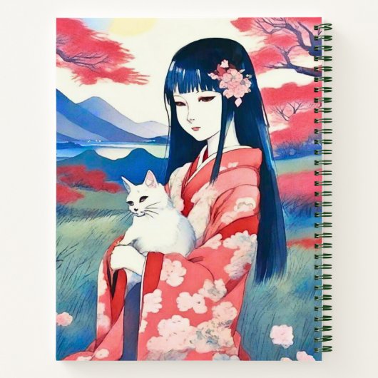 Japans meisje met een witte kat dagboek notitieboek (Achterkant)