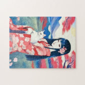Japans meisje met een witte kat legpuzzel (Horizontaal)