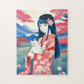 Japans meisje met een witte kat legpuzzel (Verticaal)