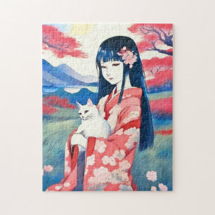 Japans meisje met een witte kat legpuzzel