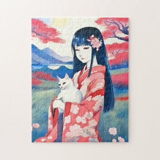 Japans meisje met een witte kat legpuzzel (Verticaal)