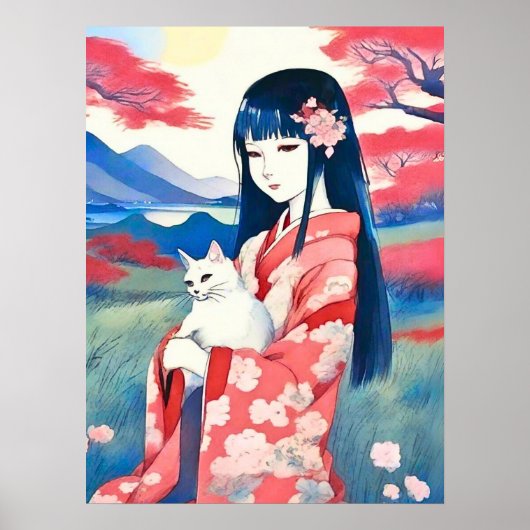 Japans meisje met een witte kat poster (Voorkant)