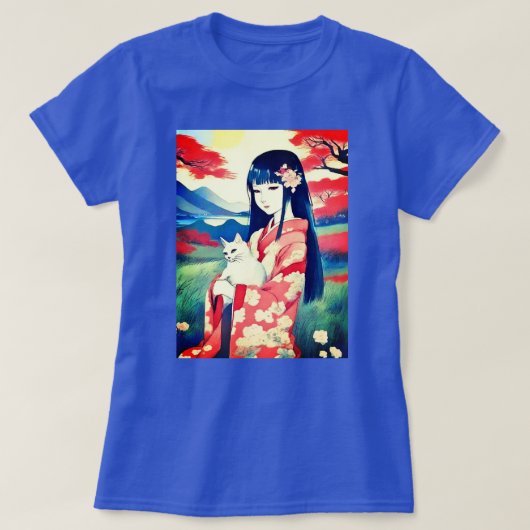 Japans meisje met een witte kat t-shirt (Design voorkant)