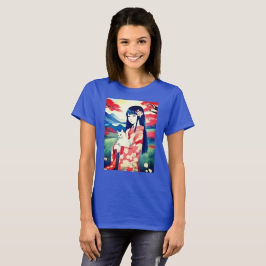 Japans meisje met een witte kat t-shirt (Voorkant volledig)