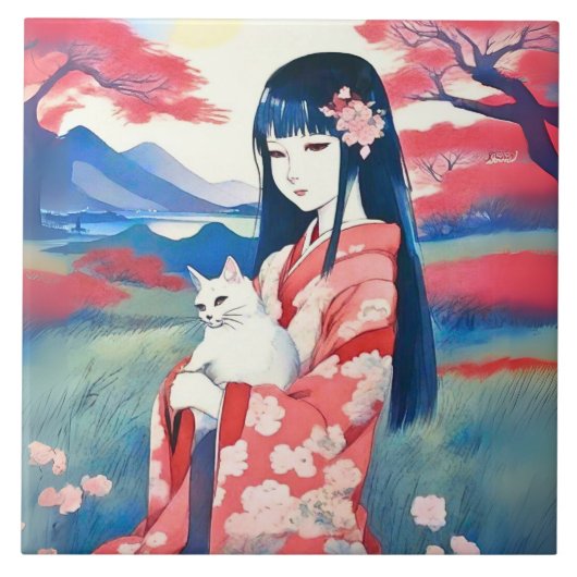 Japans meisje met een witte kat tegeltje (Voorkant)
