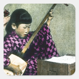 Japans Meisje Muzikant Shamisen Vierkante Sticker