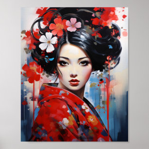 Japans Meisje Pop Art Rood Kleur Waterverf Poster