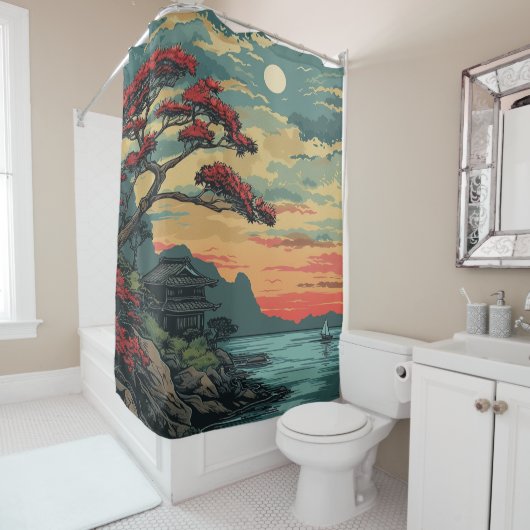 Japans Natuur Landschap Linocut Art 1 Douchegordijn (In situ)