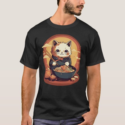 Japans Neko Kitty Kat Eten Ramen T-shirt (Voorkant)