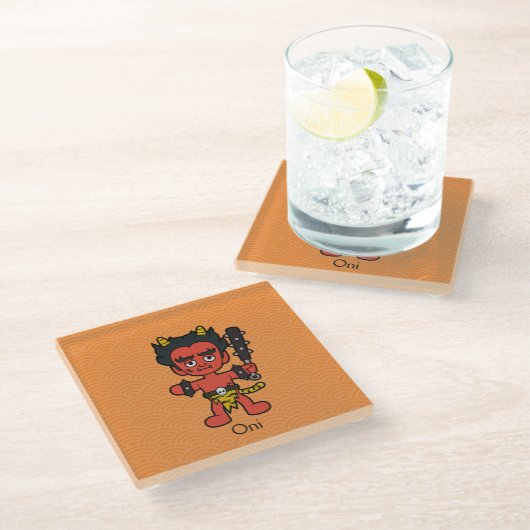 Japans Oni: Cartoon Yokai Glazen Onderzetter (Schuin)