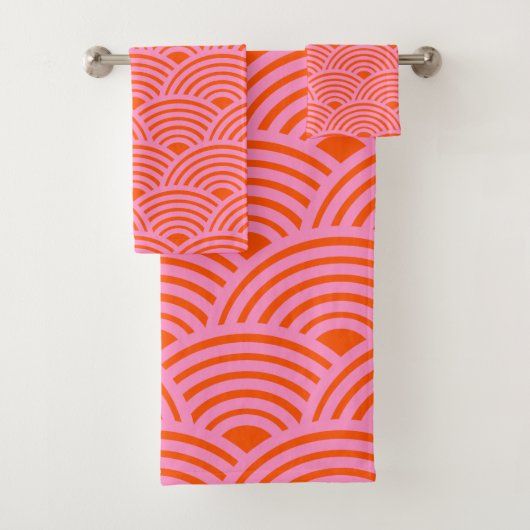 Japans Oranje roze golflengte Seigaiha Pattern Pre Bad Handdoek (Insitu)