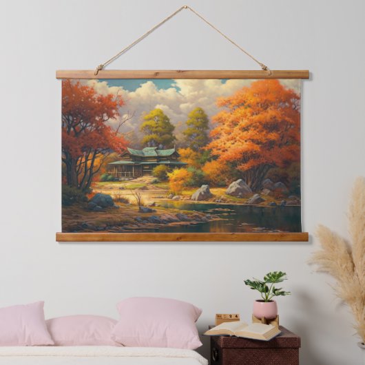 Japans oud huis bij het meer Fine Art Hangend Wandkleed (Slaapkamer)