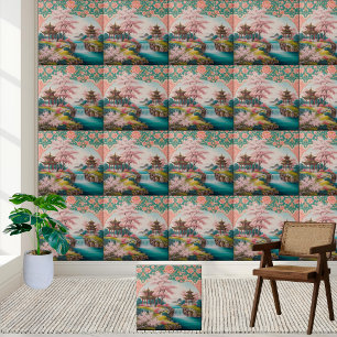 Japans Pagode & Cherry Blossom Chinoiserie Tegel Tegeltje