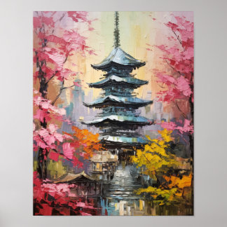 Japans Pagode Olieverfschilderij Poster