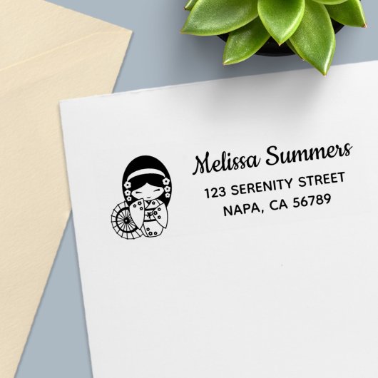 Japans paraplu meisje in kimono adres zelfinktende stempel