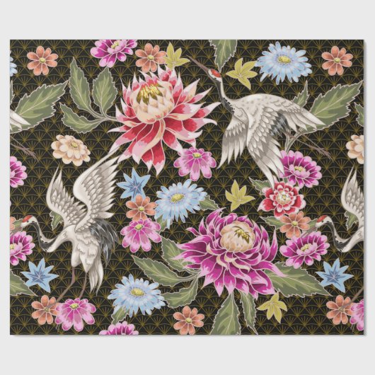Japans patroon met bloemen en witte kranen cadeaupapier (Vlak)