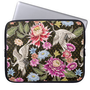 Japans patroon met bloemen en witte kranen laptop sleeve
