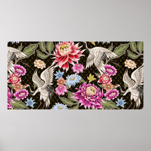 Japans patroon met bloemen en witte kranen poster (Voorkant)
