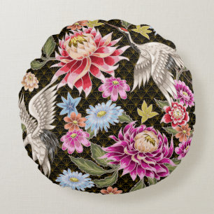 Japans patroon met bloemen en witte kranen rond kussen