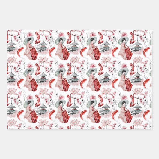 Japans Pogoda, Geisha, Cranes en Koi Inpakpapier Vel (Voorkant 2)