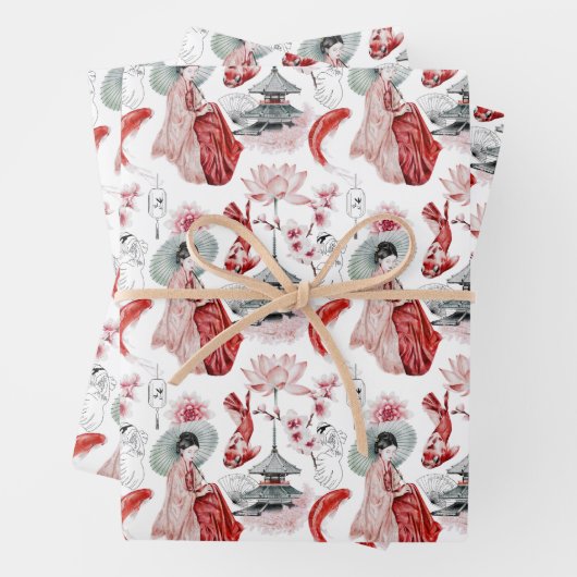 Japans Pogoda, Geisha, Cranes en Koi Inpakpapier Vel (In situ)