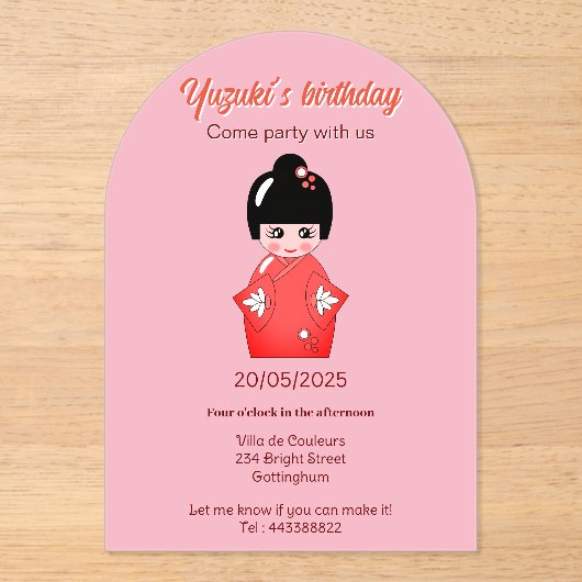 Japans poppenverjaardagsfeestje acryl uitnodigingen (Voorkant)