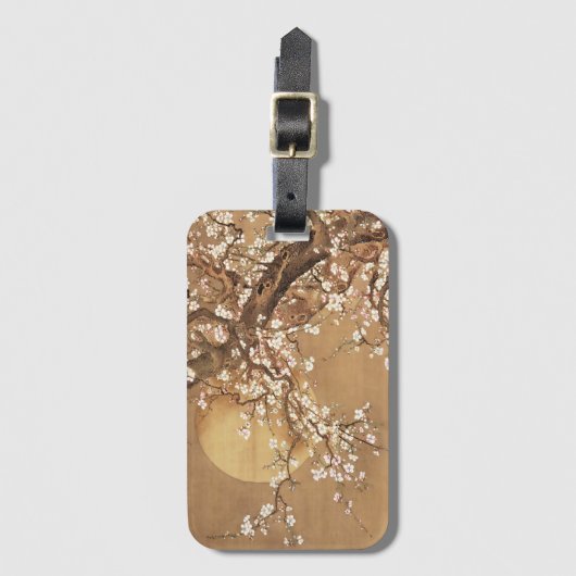 Japans  pruim bloeit in maanlicht bagagelabel (Voorkant (verticaal))