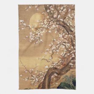 Japans pruim bloeit in maanlicht theedoek