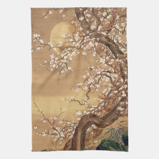 Japans  pruim bloeit in maanlicht theedoek (Verticaal)