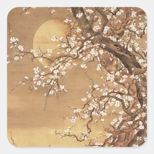 Japans  pruim bloeit in maanlicht vierkante sticker (Voorkant)