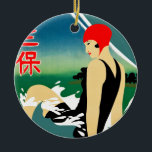 Japans Reizen Toerisme Poster jaren 1930 Art Deco  Keramisch Ornament<br><div class="desc">Zomer op Miho Peninsula (Nagoya Rail Agency,  jaren 1930),  met badpak dragen meisje tegen de achtergrond van de berg Fuji.</div>