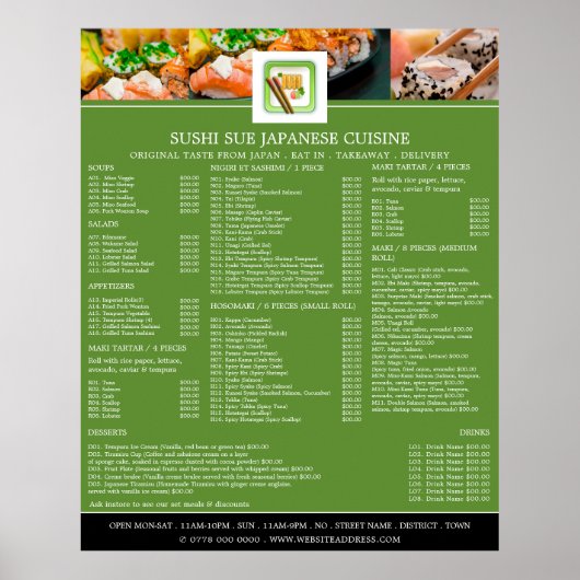 Japans restaurant, sushi menu poster (Voorkant)