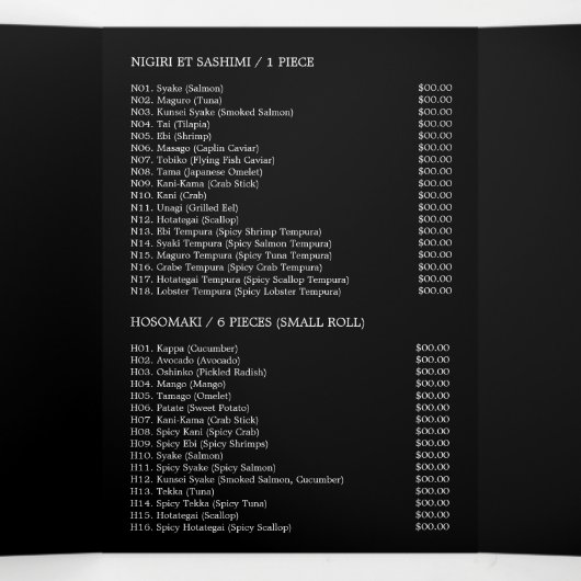 Japans restaurant, Sushi Menu Tri-Fold Flyer (Binnenkant midden)