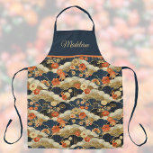 Japans Retro Blauwgroen Bloemen Kimono Print Monog Schort