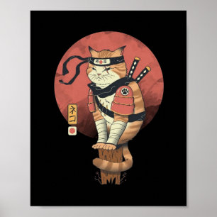 Japans Retro Sushi Samurai Neko Cat T-Sh Poster