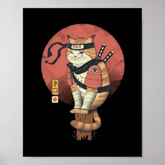 Japans Retro Sushi Samurai Neko Cat T-Sh Poster