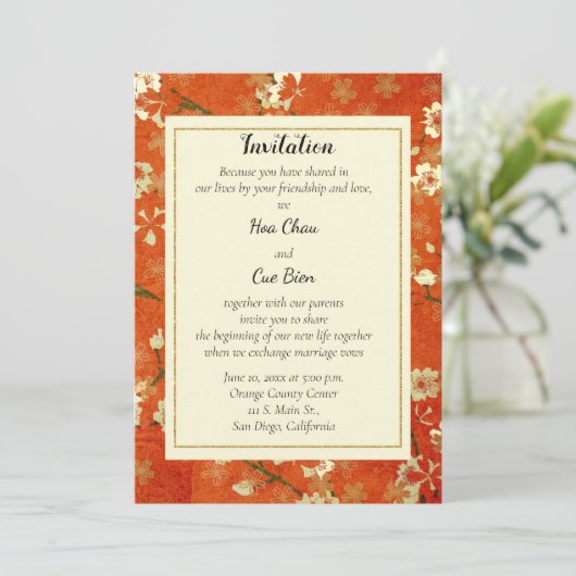 Japans Rood en Goud Floral Uitnodiging Weddenschap (Staand voorkant)