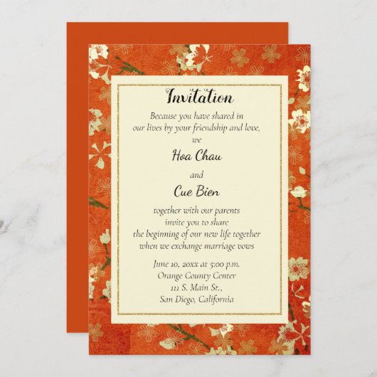 Japans Rood en Goud Floral Uitnodiging Weddenschap (Voorkant / Achterkant)