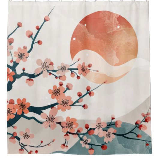 Japans Roze Pruimenbloesem en Maan Douchegordijn (Voorkant)