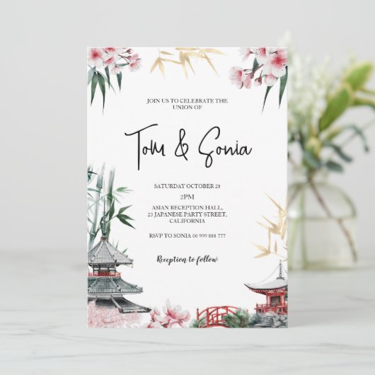 Japans Sakura Cherry Blossom Aziatische bruiloft Kaart (Staand voorkant)