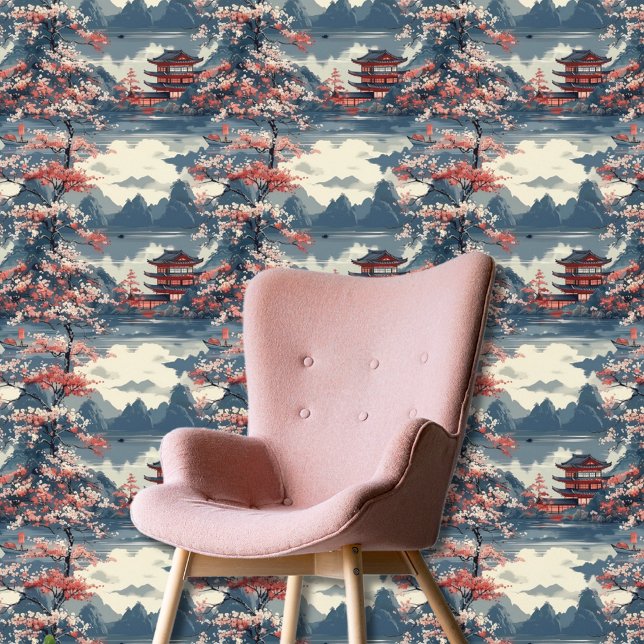 Japans Sakura Pagoda Mountain Lake Landschap Behang (Creator heeft geüpload)
