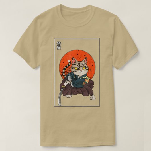 Japans Samurai Cat Katana Ninja Kat Kitten Nek T-shirt (Design voorkant)