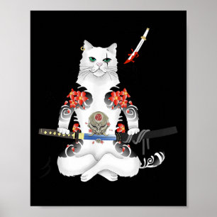 Japans Samurai Cat Katana Ninja Yakuza Tattoo Poster