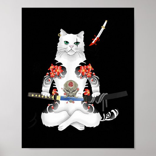 Japans Samurai Cat Katana Ninja Yakuza Tattoo Poster (Voorkant)