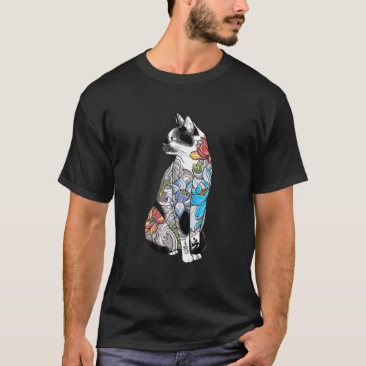 Japans Samurai Cat Katana Ninja Yakuza Tattoo T-shirt (Voorkant)