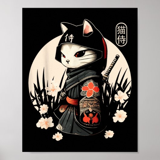 Japans Samurai Cat Tattoo, Kawaii Ninja Cat _1 Poster (Voorkant)